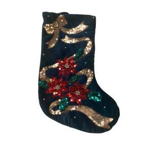 Vintage Green Velvet Sequin Christmas Stocking – Poinsettias& Bow, Handmade Look